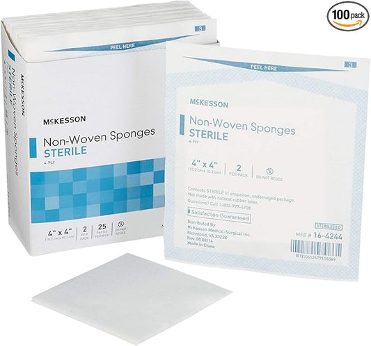 McKesson Non-Woven Sponges, Sterile, 4-Ply, Polyester/Rayon, 4 in x 4 in, 2 per Pack, 50 Packs, 100 Total