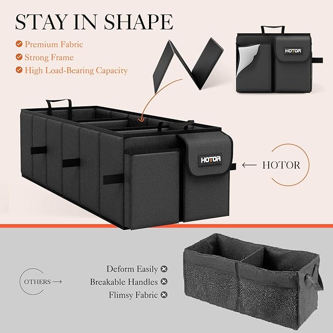 HOTOR Trunk Organizer for Car - Car Organizer, Foldable Trunk organizer for SUVs & Sedans, Sturdy Organization for Car Accessories, Tools, Sundries, Black, 3 Compartments, 31.9"×12.6"×10.6"