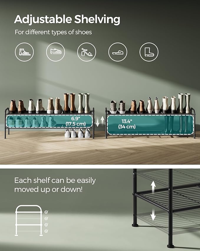SONGMICS Shoe Rack, 2-Tier Shoe Organizer, Metal Shoe Shelf Storage with 4 Side Hooks, Holds 12 Pairs of Shoes, Height-Adjustable Shoe Rack for Entryway, Hallway, Closet, Easy Assembly, Ink Black