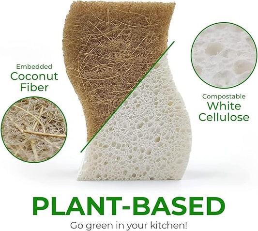 Biodegradable Natural Kitchen Sponge - Compostable Cellulose and Coconut Walnut Scrubber Sponge (24 Pack)