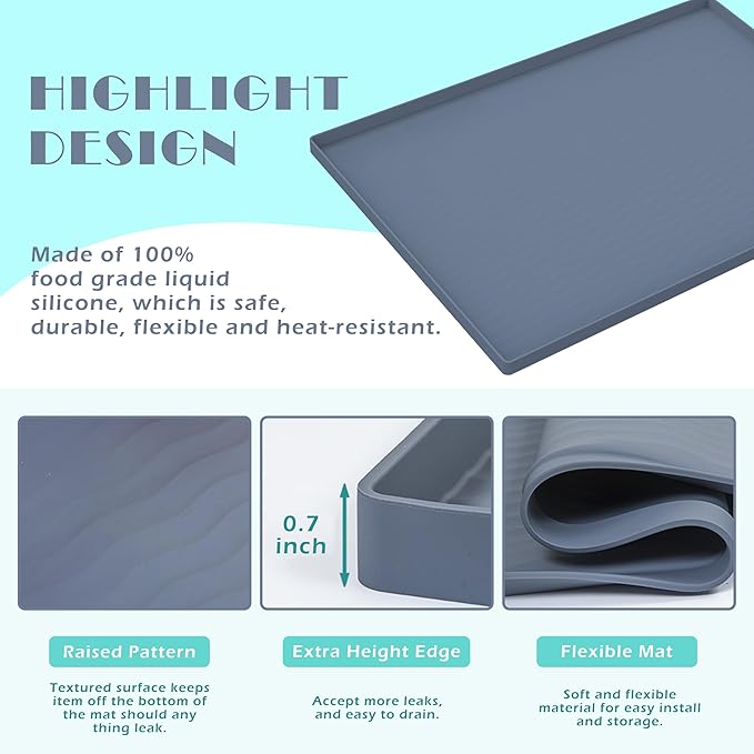 URMONA Waterproof Silicone Under Sink Mat 22'' x 22'' Shelf Liner for Kitchen and Bathroom, Cabinet and Counter Protector, Storage and Organizers, Litter Mat, Pet Cat Puppy Essentials(Dark Grey)