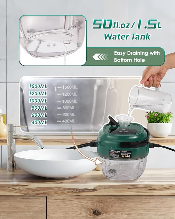 Handheld Steam Cleaner Touch Panel High Pressure Steamer for Cleaning Grout Tile Portable Steamer for Car Auto Home Small Power Cleaning Steamer with Drain Hole (Dark Green)