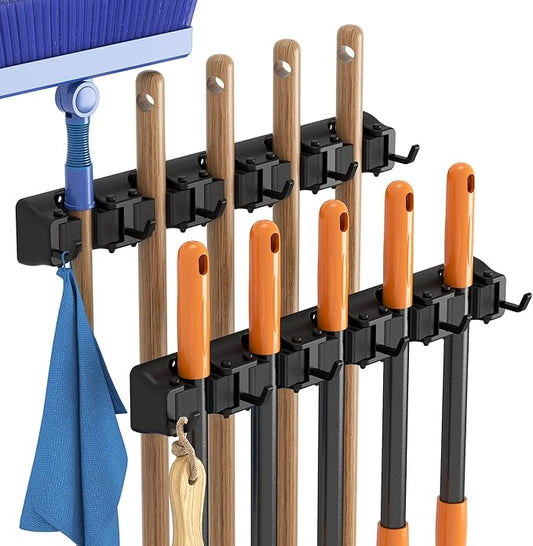 Lifewit Mop and Broom Holder Wall Mount, Anti-Slip Broom Hanger for Cleaning Supplies Organizer, Easy Install Tool Hanging Rack for Closet, Kitchen, Garage, 5 Slot 6 Hooks, Hold 30lbs, Black, 2 Pack
