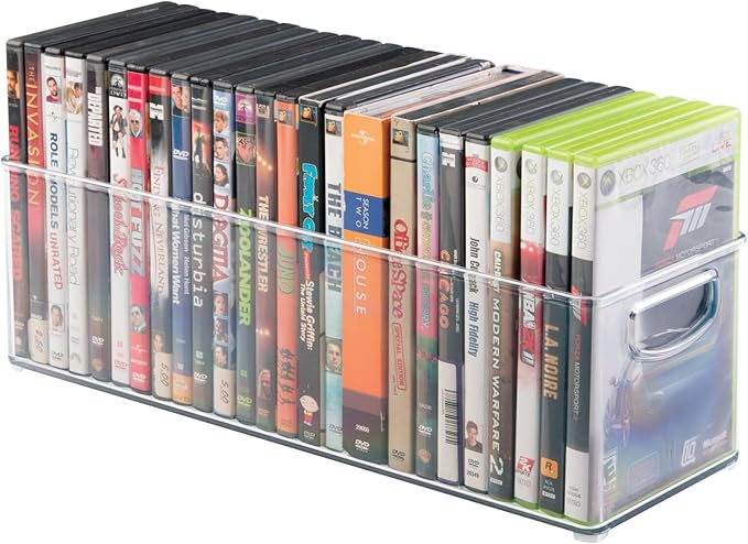 mDesign Plastic Video Game and DVD Storage Organizer - Game and Movie Disc Holder Bin with Handles for Home Media Console Stand and Closet Shelf - Ligne Collection - 8 Pack - Clear