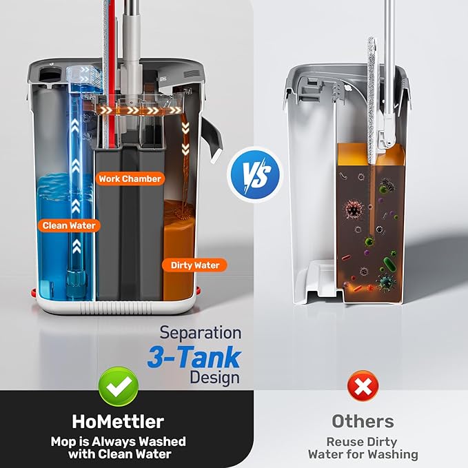 Mop and Bucket Set, 3-Tank Flat Mop and Bucket System for Separate Dirty & Clean Water, 65" Mops for Floor Cleaning with 6 Washable Pads, Safe for Hardwood, Vinyl, Tile, Baseboards, Walls