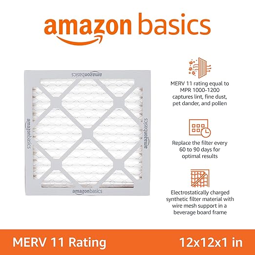 Amazon Basics 12x12x1 Air Filter 6-Pack, MERV 11 AC Furnace Filters, Dust, Pet, Allergy Control, Removes Pollen and Lint (Actual Size: 11.75" x 11.75" x 0.75")