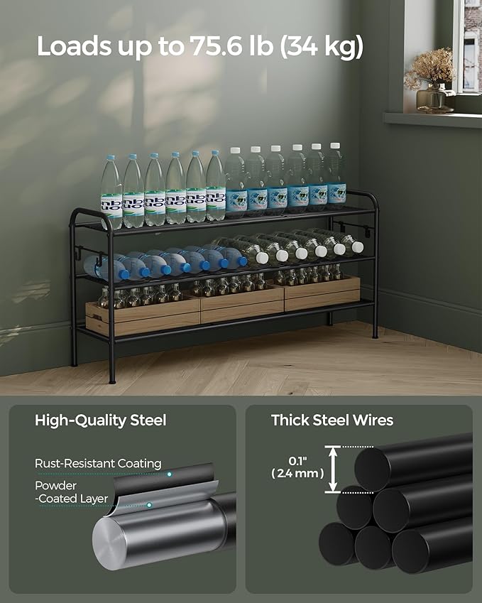 SONGMICS Shoe Rack, 3-Tier Shoe Organizer, Metal Shoe Shelf Storage with 4 Side Hooks, Holds 15 Pairs of Shoes, Height-Adjustable Shoe Rack for Entryway, Hallway, Closet, Easy Assembly, Ink Black