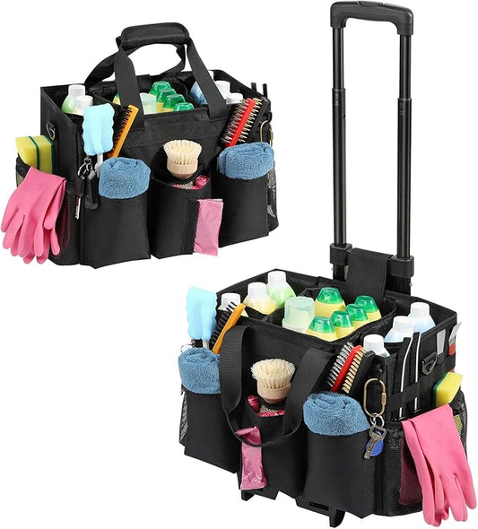 Housolution Rolling Cleaning Caddy Bag with Detachable Trolley, Professional Portable Large Cleaning Bag with Wheels, Wearable Cleaning Supply Bag on Wheels for Housekeepers, Black