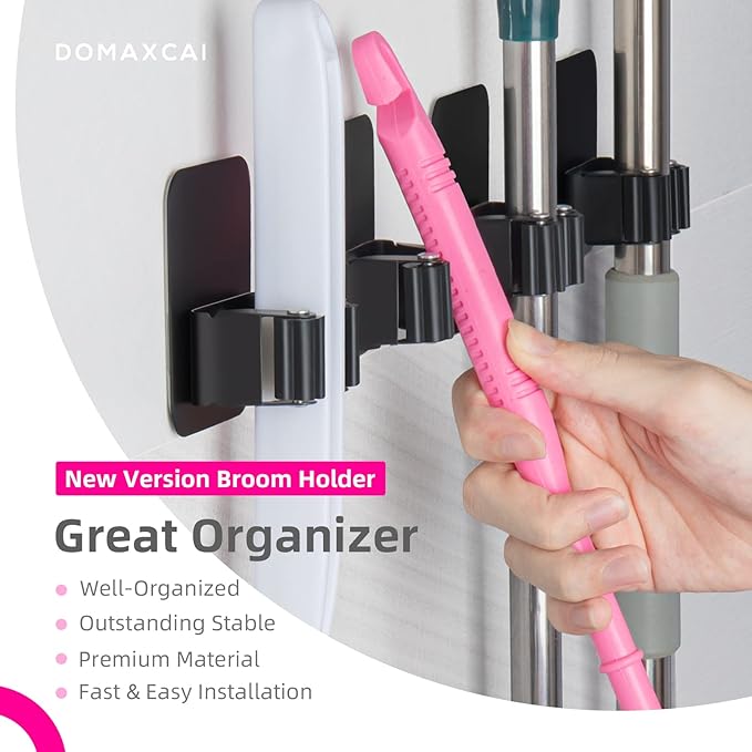 4 Pack Broom Holder Wall Mount, Improved Super Anti-Slip Mop and Broom Holder Wall Mount, Broom Hanger Gripper for Kitchen, Bathroom, Closet, Garden Garage, Black | Super Anti-Slip, Mop and Broom Holder, Broom Hanger Gripper, for Kitchen, Bathroom, Closet