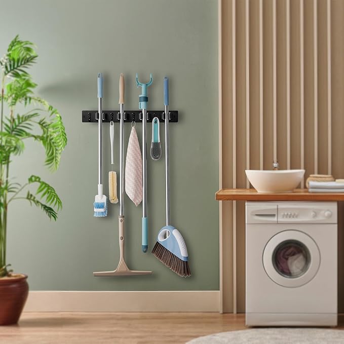 Mop Broom Holder Wall Mount, Black Stainless Steel Tool Storage Organizer with 5 Slots 6 Hooks for Home Kitchen Garden,Broom Storage Tool Organizer for Garage Closet Laundry