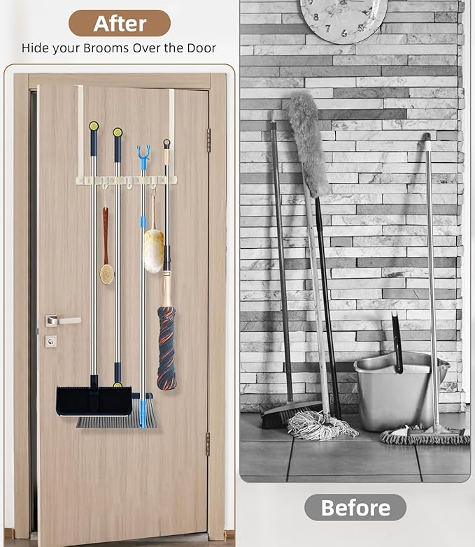 Broom Holder Over The Door - 304 Stainless Steel Mop and Broom Holder Wall Mounted or Hanging Over The Door with Hooks - Broom Hanger, Broom Storage Tool Organizer for Closet Laundry - light beige