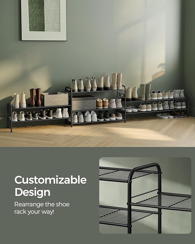 SONGMICS Shoe Rack, 2-Tier Shoe Organizer, Metal Shoe Shelf Storage with 4 Side Hooks, Holds 10 Pairs of Shoes, Height-Adjustable Shoe Rack for Entryway, Hallway, Closet, Easy Assembly, Ink Black