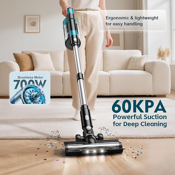 Cordless Vacuum Cleaner with 2 * 4000mAh Batteries, 700W 60Kpa Vacuum Cleaners for Home, 6 in 1 Cordless Stick Vacuum Clearner, Brushless Motor with Led Display for Hard Floors Carpet Pet Hair