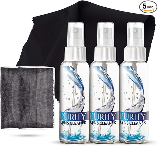 Purity Eyeglass Lens Cleaner Kit - 3 x 1oz Travel Size Lens Cleaner Spray Bottle + 2 Microfiber Cleaning Cloths - Safe for All Lenses (AR Coated Included), Eyeglasses and Screens - Clear