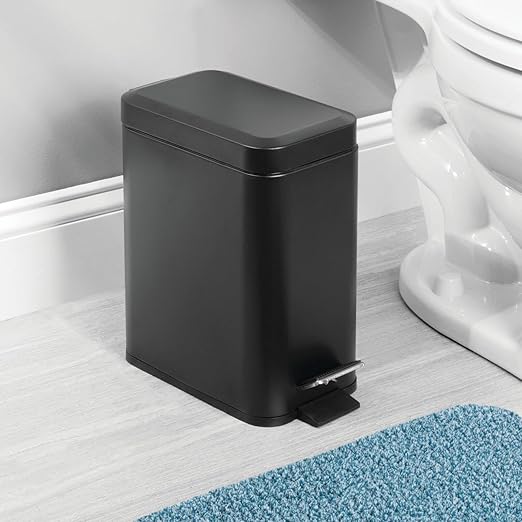 mDesign Metal Freestanding Slim Toilet Bowl Brush and Holder + Rectangle Narrow 5 Liter / 1.3 Gallon Step Pedal Trash Can Wastebasket for Bathroom - Small, Compact Design - Set of 2 - Black
