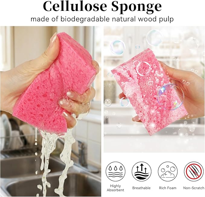 6 Pcs Kitchen Sponges for Dishes Cleaning, Non Scratch for Non Stick Cookware, Compressed Natural Cellulose Sponges, Dish Washing Scrubbers, Scrubbing Pads for Household, Bathroom (Red)