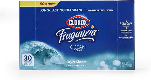 Clorox Fraganzia Fabric Softener Dryer Sheets, Ocean Scent - Wrinkle Reducing Scented Softening Laundry Dryer Sheets for Great Smelling Clothes, 30 Count