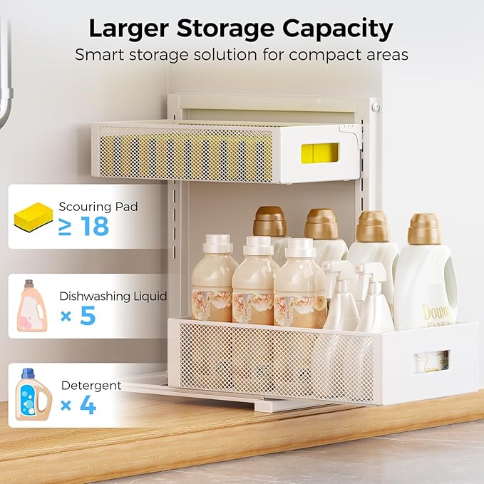 Under Sink Organizer 2 Tier, Adjustable Height Under Sink Organizers and Storage, Smooth & Silent Sliding Out Metal Drawer for Kitchen Bathroom Pantry Cabinet Closet (White, 1 Pack)