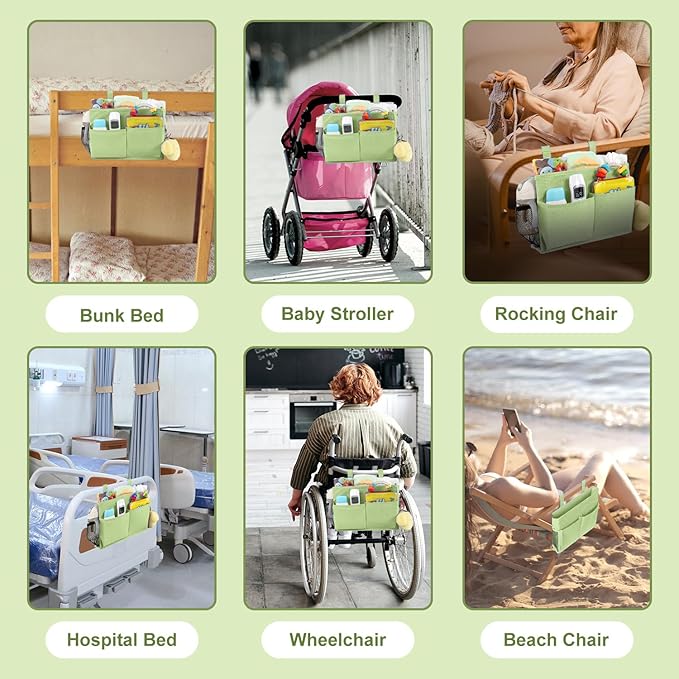 Surblue Bedside Caddy Hanging Bed Organizer Storage Bag Pocket for Bunk and Hospital Beds, College Dorm Rooms Baby Bed Rails, Camp 4 Pockets and 2 Hooks (Small,Sage Green)