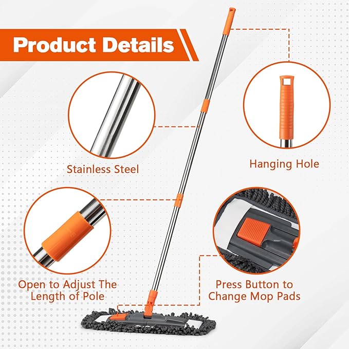 Dust Mop for Floor Cleaning with 3 Washable Pads and 55” Long Stainless Steel Handle,Microfiber Mop for Hardwood Floors, Tile, Marble Floors (Dust Mop)