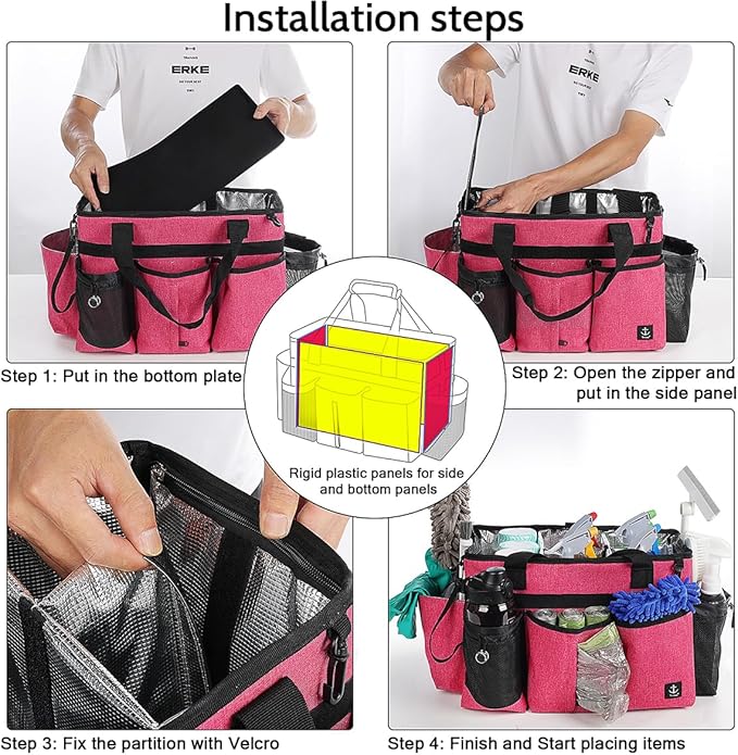 Large Cleaning Caddy Bag Built-in Sturdy Support Board, Cleaning Organizer with Detachable Divider, Cleaning Supply Tote with Adjustable Shoulder Strap&Waist Belt for Cleaners & Housekeeper