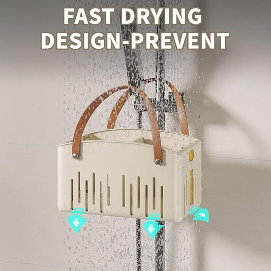 Portable Shower Caddy,Foldable Shower Caddy with Handle and Adjustable Divider,Plastic Shower Storage Basket,Quick Dry Bathroom Shower Organizer Bin for College,Dorm Room,Travel Essentials(Cream)