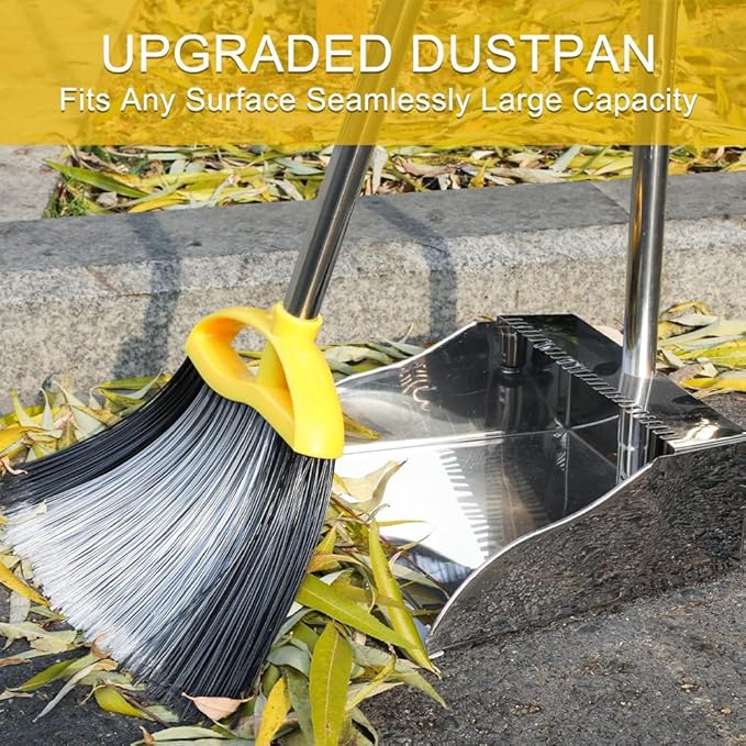 Broom and Dustpan Set, Outdoor Heavy Duty Broom with Stainless Steel Dustpan,Stiff Bristles Broom and Metal Dust Pan for Home