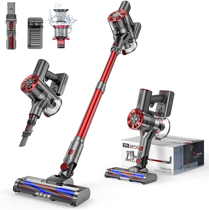 Cordless Vacuum Cleaner for Home, 80,000PRM Powerful 4 in 1 Lightweight Stick Vacuum with 2 Adjustable Suctions, Max 40 Mins Runtime, 2600mAh Rechargeable Vacuum Cleaners (Afterglow Red)