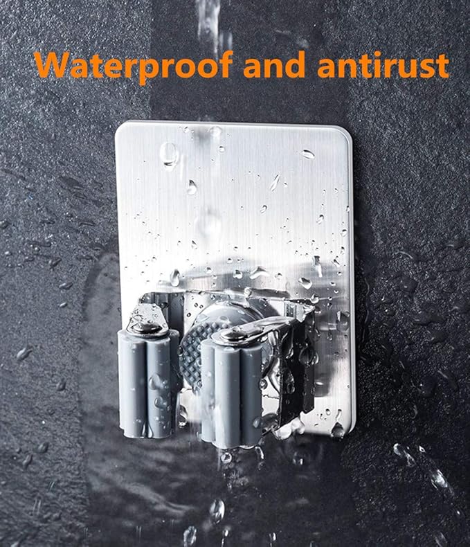 Fairy 2 Pack Stainless Steel Mop Broom Rack, Non-Perforated Self-Adhesive Hook Wall-Mounted Mop Rack, Heavy Duty Waterproof and Non-Slip for Bathroom, Kitchen, Garage