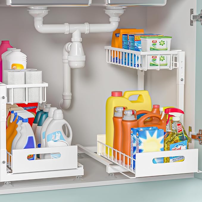 2 Pack Pro Under Sink Organizer Storage: Premium Metal 2-Tier Pull-Out Wire Basket Organizer, L Shape Height Adjustable, Easy Installation | Kitchen & Bathroom Cabinet Organizers White