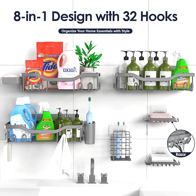 Shower Caddy Adhesive Shower Organizer 8-Pack, Rustproof Stainless Steel Bathroom Shelves, Large Capacity No-Drill Rack Storage Accessories with Soap Dish Toothbrush Holder Hooks