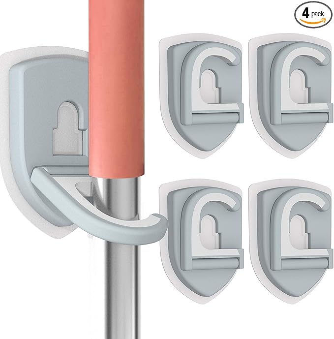 Broom Holder Wall Mount Self Adhesive, Broom and Mop Organizer Wall Hanging, No Drilling Anti-Slip Broom Hook Over Door for Home, Kitchen, Garden, Garage Storage (4-Pack, Stone Blue)