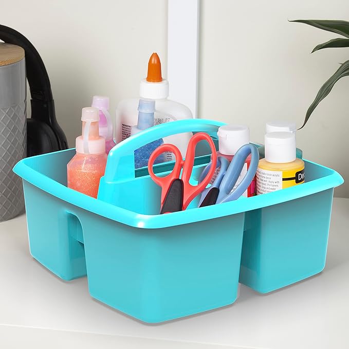 Storex 3-Compartment Small Caddy – Multipurpose Classroom Organizer with Handle, Teal, 6-Pack (00952U06C), 9.25 x 9.25 x 5.25 Inches