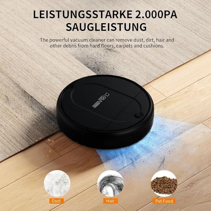 Robot Vacuum and Mop Combo, Robot Vacuum Cleaner,3-in-1 Robot Vacuum, Low Noise, Slim Design, Anti-Tangle, Advanced Obstacle Avoidance, Perfect for pet Hair, Carpets, and Hard Floors（Black）