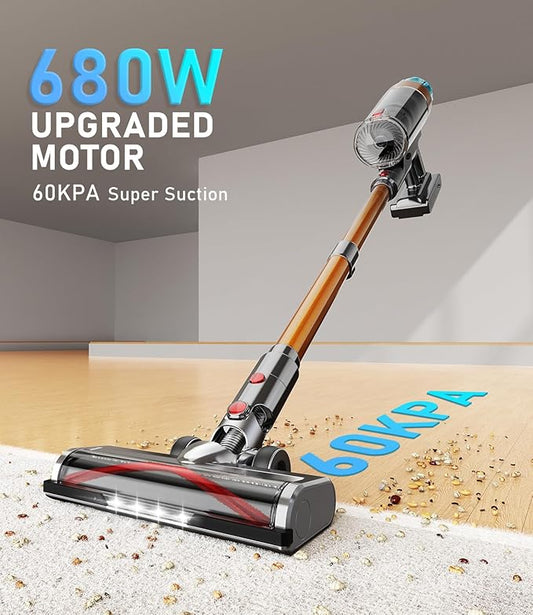 Cordless Vacuum Cleaner for Home 680W 60Kpa Upgraded Powerful Stick Vacuum Up to 75Mins, Anti-Tangle & Wall Mount Charging, 8 in 1 Lightweight Vacuum Cleaners for Home/Pet Hair/Carpets/Floors