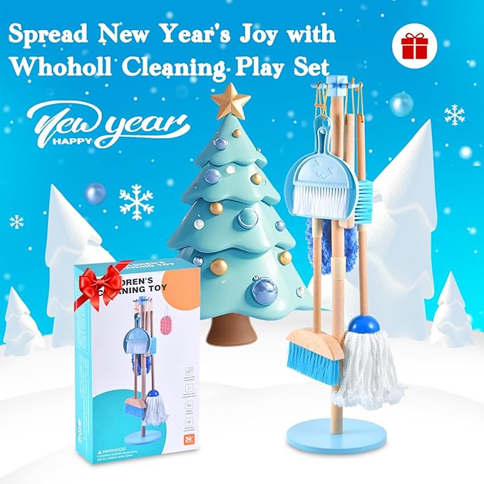 WHOHOLL 9 Pcs Wooden Kids Cleaning Toy Set, Cleaning Toys for Toddlers 3-6, Housekeeping Play Set Includes Broom Mop Duster Dustpan Sponge and Organizing Stand, Christmas Birthday Gifts for Boys Girls