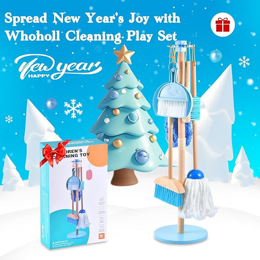 WHOHOLL 9 Pcs Wooden Kids Cleaning Toy Set, Cleaning Toys for Toddlers 3-6, Housekeeping Play Set Includes Broom Mop Duster Dustpan Sponge and Organizing Stand, Christmas Birthday Gifts for Boys Girls