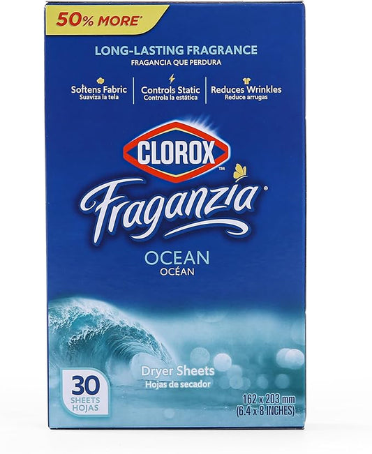 Clorox Fraganzia Fabric Softener Dryer Sheets, Ocean Scent - Wrinkle Reducing Scented Softening Laundry Dryer Sheets for Great Smelling Clothes, 30 Count