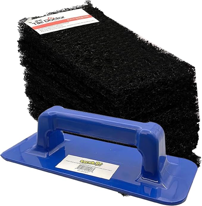 Scrub Doctor 6-Pack of 10 x 4.5 x 1 in. Large Black Scrub Pads and Scrub Pad Holder Scrub-HLD-L-BLK-6, Maximum Abrasion Scrubbing Pads for Cast Iron Pots, BBQ Grills, Oven Cleaning, and Paint Removal