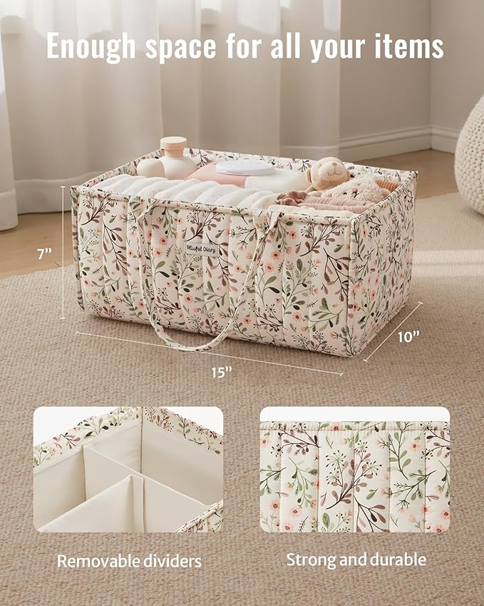 Blissful Diary Floral Diaper Caddy Organizer, Stylish Nursery Storage Basket, Diaper Bag,Gift for Baby Shower, Baby Registry Must Have, Newborn Essentials, Pastoral Daisy