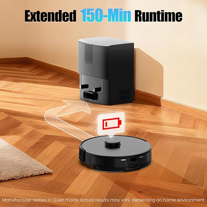 E10+ Robot Vacuums and Mop, 75-Day Self-Emptying, 8000PA Suction, LiDAR Navigation, Home Mapping, APP ＆ Voice Control, 150Mins Runtime for Pet Hair, Hard Floors, Carpets