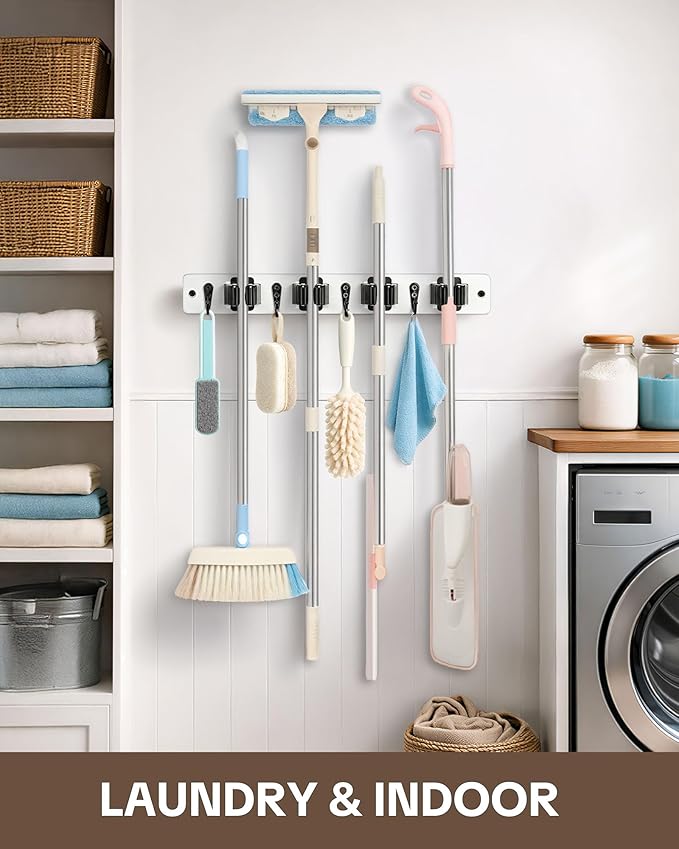Lorbro 2 Pack Broom Holder Wall Mount, Wooden Broom and Mop Organizer Wall Hanging, Mop Hanger Rack with 4 Slots & 4 Hooks, Tool Organizer for Laundry Room, Closet, Garage, Kitchen