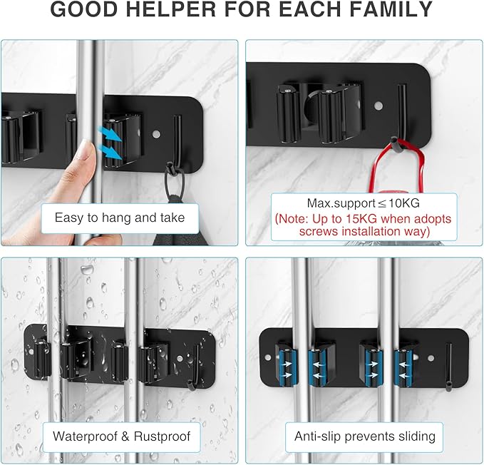 Wall Mount Mop and Broom Holder, Heavy Duty Stainless Steel Organizer Rack with Hooks | 4-Pack, 2-in-1 No Drill & Screw Installation, Black