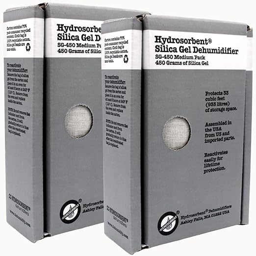 HYDROSORBENT® Gun Safe Dehumidifier Rechargeable Silica Gel 450 Gram Carton. Moisture Absorber. Reusable Desiccant Dehumidifier for Gun Safe – Made in USA Silica Gel Desiccant. SG450-2 Pack