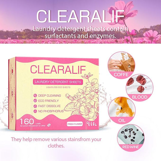 Laundry Detergent Sheets Up to 160 Loads, Fresh Flower - Great For Travel,Apartments, Dorms,CLEARALIF Laundry Detergent Strips Eco Friendly & Hypoallergenic - 80 Sheets