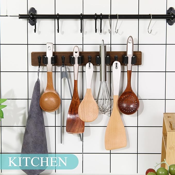 Chunful 4 Pack Mop and Broom Holder Wall Mount, Rustic Wood Broom Hanger with 4 Slots & 4 Hooks, Wall Mounted Garden Tool Rack Organizer for Bathroom Kitchen Closet Garage Room Office