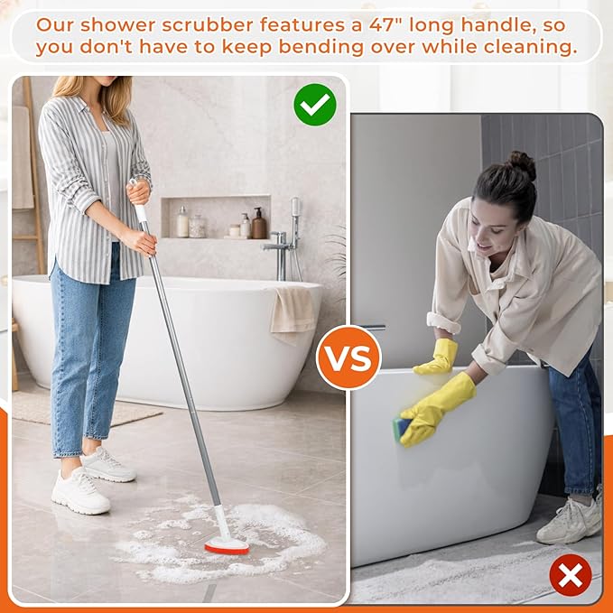Bathtub Scrubber with Long Handle - Shower Scrub Brush with 8 Replacement Scouring Pads, Bathroom Cleaning Brush for Tub, Tile, Floor