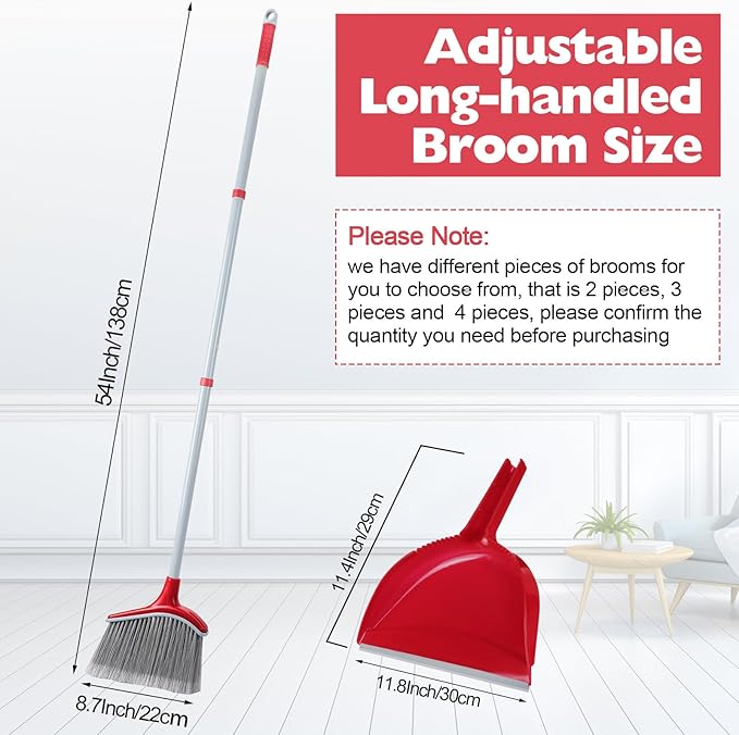 Meanplan 4 Pcs Angle Broom and Dustpan Combo Set for School Classroom 54'' Outdoor Indoor Cleaning Broom Commercial Broom with Step-on Dustpan for Home Kitchen Office Floor Dirt Dust Hair Cleaning