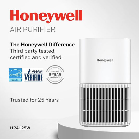 Honeywell Allergen Plus Compact HEPA Small Room Air Purifiers for Home, Up to 530 Ft² Coverage, 3-in-1 Filter, Pet Dander, Smoke & Odor Reducer Air Quality Sensor with Auto Mode, White, HPA125W