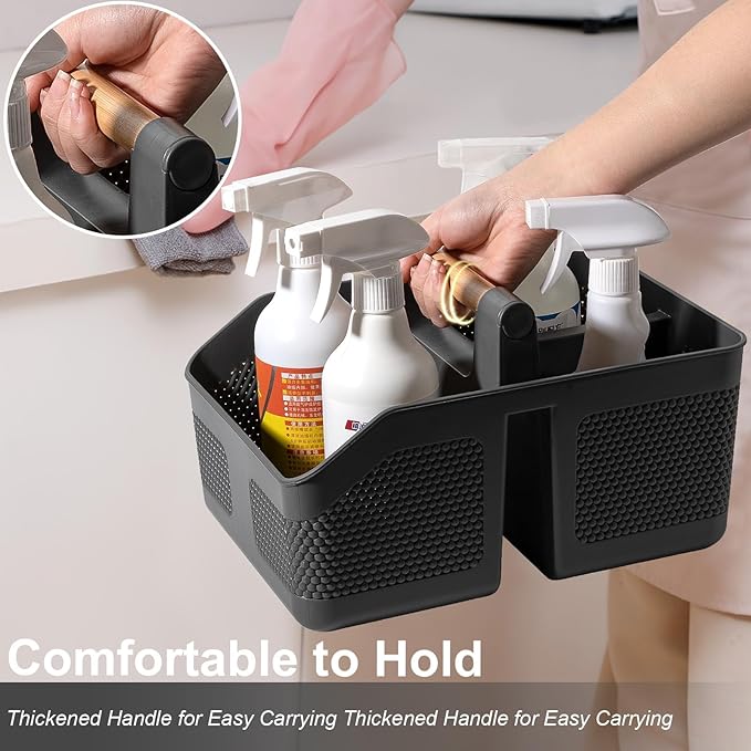 rejomiik Shower Caddy Portable with Bamboo Handle, Plastic Basket Cleaning Caddy Organizer Storage Tote for Bathroom, College, Dorm Room Essentials, Dark Gray